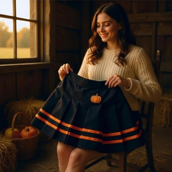 Spirit Halloween Pleated Skirt – Pumpkin Embroidery, Black & Orange Size M - Picture 1 of 10